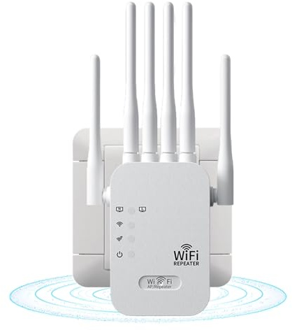 Ripetitore WiFi, Amplificatore WiFi, Range Amplificatore Wi-Fi, Dual Band Wi-Fi Extender con 6 Potenti Antenne, Ripetitore di Segnale da1200 Mbps (5GHz/2.4GHz), Copertura di 2150 Sq.Ft