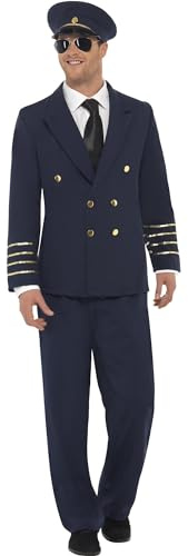 SMIFFYS Costume da pilota, blu oltremare con giacca, pantaloni e cappello Halloween