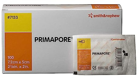 Smith & Nephew 7133 PRIMAPORE Peripheral IV Adhesive Dressing, Adhesive Non-Woven Island Dressing, Pack of 100