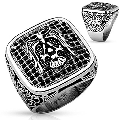 Tapsi´s Coolbodyart® ring i rostfritt stål silver 23,3 mm bred bikerring motiv örn med zirkonia svart tillgängliga ringstorlekar 60 (19) – 69 (22), Rostfritt stål, Kubisk zirkonia