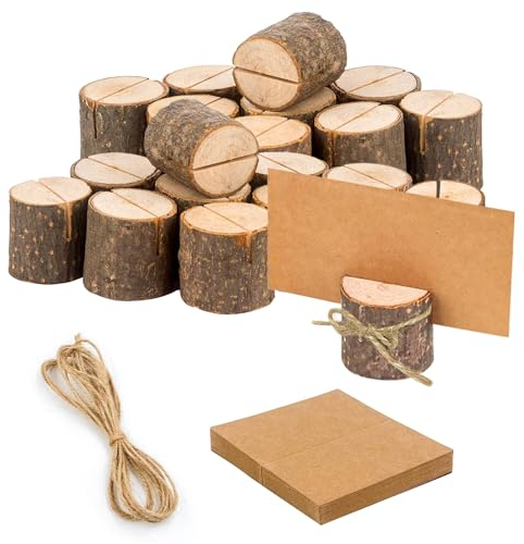 YFPOPONE 25 Pièces Porte Cartes en Bois Titulaires Stands,Placez la Carte Les Détenteurs avec 5M de Ficelle Porte Noms de Table,Stands en Bois Naturel Support pour Fête D'Anniversaire de Mariage
