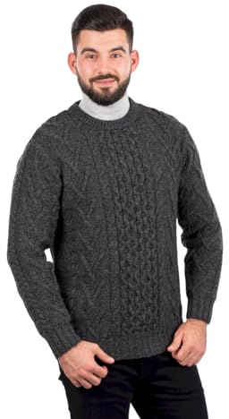 SAOL 100% Lana Merino da Uomo Tradizionale Irlandese Aran Girocollo Lavorato a Maglia Maglione Pullover, Carbone, XL