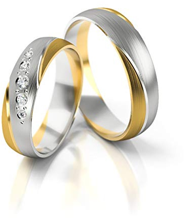 JC Trauringe Gold Paarpreis Bicolor Gelbgold Weißgold I Eheringe breit 5 mm I Partnerringe mit Gravur in edler Schatulle I 2 Hochzeitsringe breit Herrenring ohne & Damenring mit Stein I PL302
