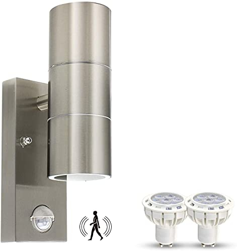 HiBay Außenlampe mit Bewegungsmelder GU10, Lampe mit Bewegungsmelder Aussen IP44 Edelstahl Aussenlampe Wand Up Down Außenwandleuchten inkl. 2x GU10 LED Warmweiß