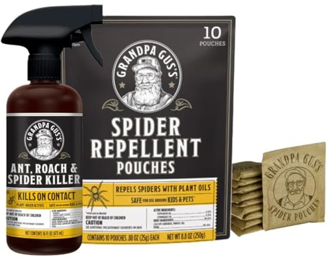 Grandpa Gus's Spider Repellent Kit - Spider Repellent Pouches (10 Pouches) and Natural Ant, Roach & Spider Killer Spray (16 oz)