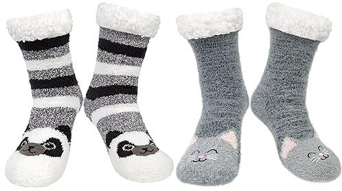 2 Paires Chaussettes Femme Slipper Chaudes Mignonnes Doublé en Molleton Chaussettes Slipper Antidérapantes de Noël,Chat + Panda,Taille unique