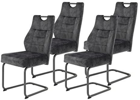 Hela Tische, 4er Set Esszimmerstuhl Schwingstuhl Linda, Mikrofaser Anthrazit, Rundrohgestell grau, Komfortsitz Federkorb, 140kg belastbar