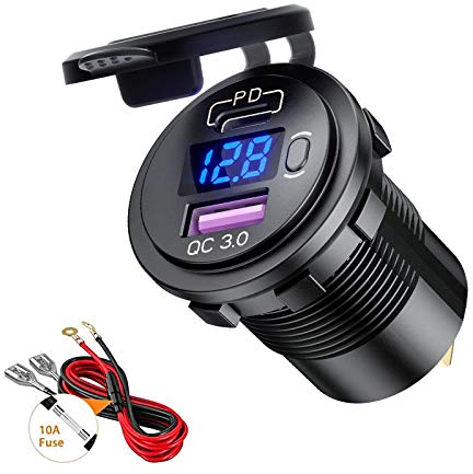Thlevel USB Steckdose Auto Ladegerät KFZ QC3.0 PD Type C mit LED Voltmeter Switch für 12V-24V Fahrzeuge Boot Motorrad SUV Bus LKW Wohnwagen Marine