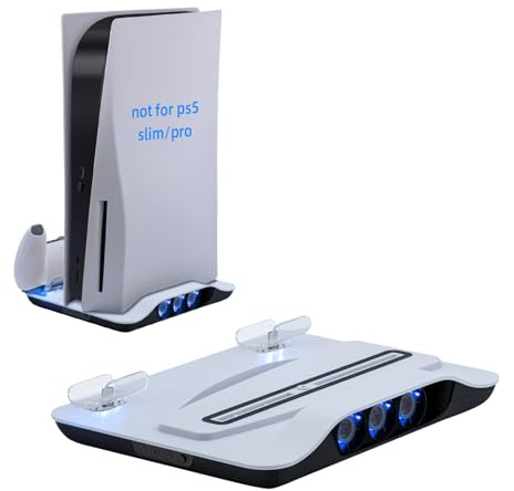 Mcbazel Station de Recharge Verticale pour Console PS5, Support de Refroidissement Multifonctionnel à Lumière Bleue et LED,Recharge pour Manettes de Jeux pour Console PS5 - Blanc(Pas pour PS5 Slim)