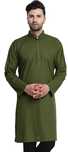 In-Sattva Men's Indian Banded Classic Collar Pure Cotton Kurta Tunic; Olive Green; MD
