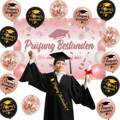 Fangleland Prüfung Bestanden Deko Abschlussfeier Party Dekoration Prüfung Bestanden Rose Gold Ballon Banner Schärpe Konfetti Luftballon für Abi Deko 2026 Graduation Dekoration