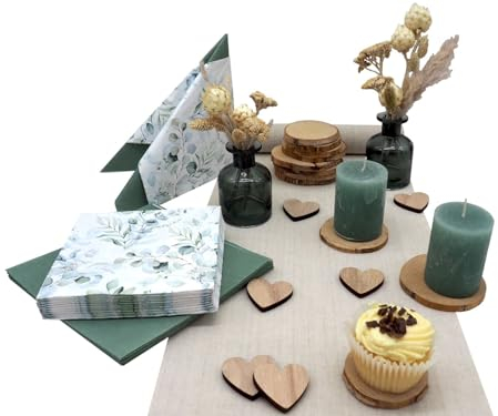 ZauberDeko Tischdeko Hochzeit Salbei Eukalyptus Holz Natur Herz Vase Kerze Set 20 Personen