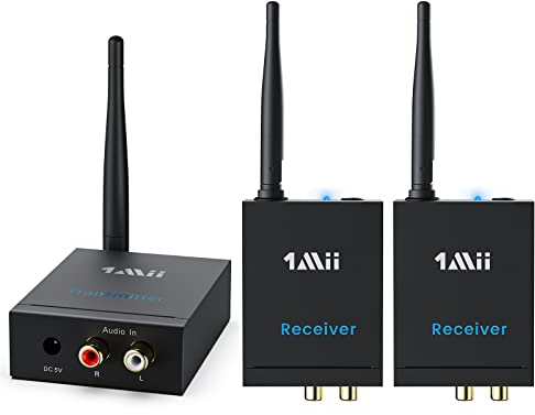 1Mii 3-in-1 Audio Sender Empfänger, Drahtlos Transmitter und 2 Receivers, 2.4G Niedrige Verzögerung, 100m Großer Reichweite von TV/PC zu Aktivlautsprecher/Subwoofer/Stereo, Cinch-Ausgang/-Eingang