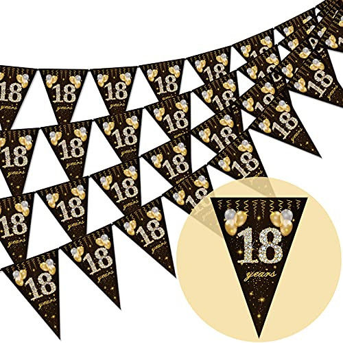 18. Geburtstag Wimpel, glückliche Banner Wimpel Fahnen, 40 Stück Dreieck Gold Schwarz Glitter Diamant nach Zahlen 18. Geburtstag Jahrestag Thema Party Dekoration liefert