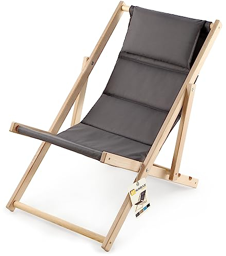 KADAX Liegestuhl, Strandstuhl aus Holz, Sonnenliege bis 120kg, Liege aus Buchenholz, Holzklappstühle, Strandliege, Klappliege für Strand, Holz-Liegestuhl (Mit Kopfstütze, Grau)
