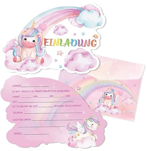 PEFOLOC 12er Einhorn Einladungskarten Kindergeburtstag,Geburtstag Einladungskarten mit Umschlägen und Aufkleber,Geburtstag Party Einladung,für Mädchen und Jungen Geburtstagsfeier,Kinderparty