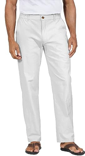 YAOHUOLE Mens Cotton Linen Trousers Elasticated Waist Classic Fit Lightweight Yoga Trousers with Pockets White XXL