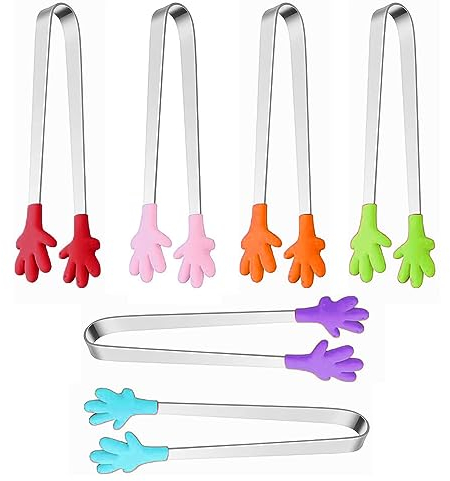 6 pinze per ghiaccio e zucchero, 6 colori, multifunzionali, con forma a mano antiscivolo, in silicone e acciaio inox, piccole pinze per cubetti di ghiaccio, per alimenti, cucina, lingue, raccoglitori