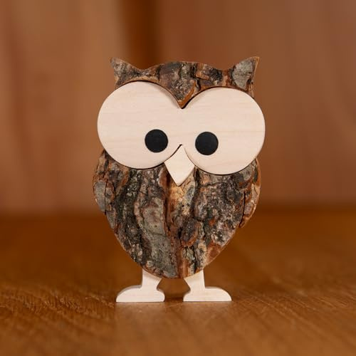 Staboos Holzeule 50mm - Comic-Eule Deko Holzfigur, handgefertigt, Geschenk | Massivholz-Holztier mit Naturrinde, jedes Stück ein Unikat – Eule, Vogel & Waldtier für Regal, Sideboard & Tisch