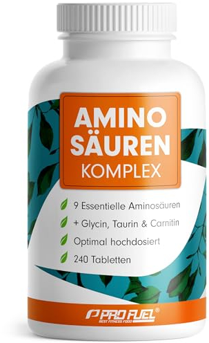 Aminosäuren Komplex hochdosiert - 240 Tabletten - 6.000 mg Aminosäuren pro Tag - 9 essentielle Amino-Säuren + 3 Co-Faktoren: Taurin, Carnitin & Glycin - laborgeprüft mit Zertifikat - 100% vegan