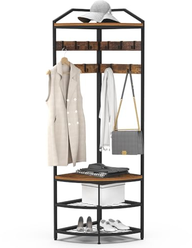 VEDECASA Garderobenständer Metall-Eckgarderobe Flurbaum freistehender Kleiderständer mit 12 beweglichen Haken,und Aufbewahrungsregal für Flur Wohnzimmer Schlafzimmer Büro Flur Eingang