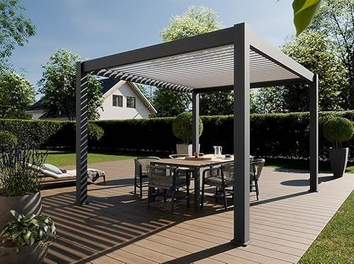 Direct ABRIS Pergola Bioclimatique Aluminium Autoportee 12m² - 3x4m - Gris - Lames Orientables de 0 à 120° - Eclipse