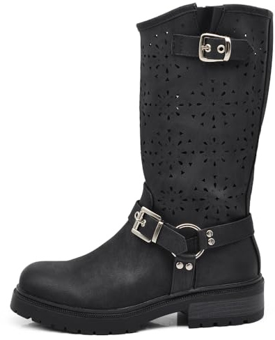 IF Fashion Scarpe da Donna Stivali Primaverili Estivi Traforati Alla Caviglia Biker Motociclista Con Fibbia WZ688-62 nero N.40