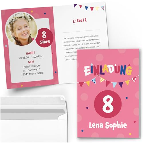 10 Einladungskarten Kindergeburtstag personalisiert mit Text und Foto | Rosa Party Mädchen | Kinder Geburtstag Einladung individuell anpassbar mit Umschlägen