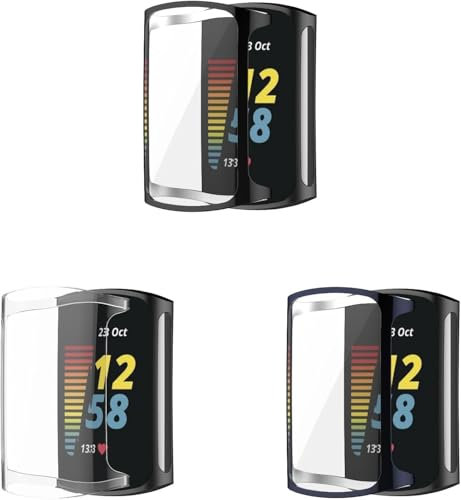 3 Pack Case Compatible with Fitbit Charge 6 with Screen Protector, Flexible TPU Shockproof Scratch Proof Cover Case for Fitbit Charge 5/Charge 6 Activity Tracker (Black/Clear/Blue)