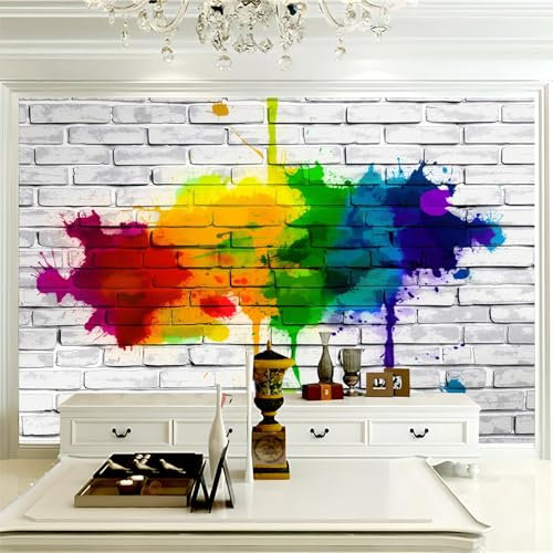 Papier Peint Intissé Imprimé Peinture arc ciel sur mur blanc 3D Mural Fond D'Écran Tapisserie Murales Panoramique 3D Mur Écru Papier Peint Chambre Enfant Adulte Poster Murales 250 x 175 cm