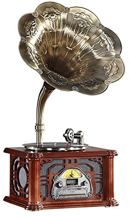 JFNHUTL Tourne-Disque rétro Tout-en-Un phonographe Vintage Gramophone nostalgique avec pavillon en cuivre, Haut-Parleur intégré 3,5 mm entrée auxiliaire/USB/CD/FM/enregistreur ra