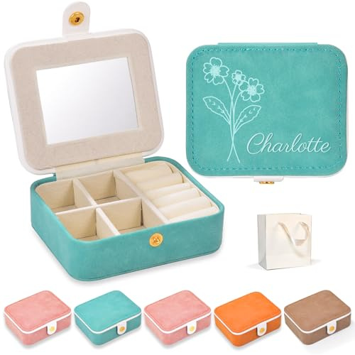 WASHNN Personalisierte Schmuckbox mit Name und Geburtsblume | Personalisierte Reise-Schmuckbox mit Name und Geburtsblume, 4 Fächern, PU-Leder und weichem Samtfutter.