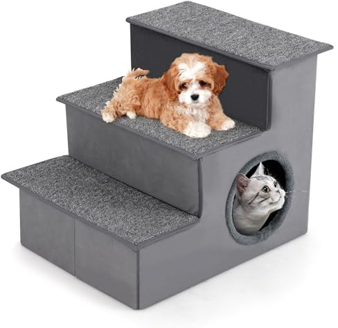 SOARS Hundetreppe faltbar 3 Stufen, Haustiertreppe mit Katzenhöhle & Stauraum, rutschfeste Hunderampe Katzentreppe für kleine ältere große Hunde Katzen, Tiertreppe für Bett, Sofa