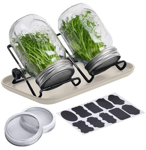 Genérico Kits de germinación de Brote - Brote de frascos de albañil con Ancha | Kit de Cultivo de brotes, Kit de germinación con Bandeja, Soporte de Acero Inoxidable, plántulas para Principiantes