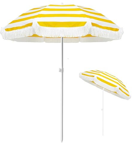 WATAOW Sombrilla De Playa De Rayas Amarillas, Parasol De Jardín Portátil, Lprotección UV, para Patio, Piscina, Exterior