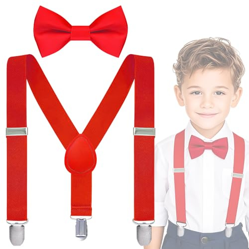 Vexadrix Kids Suspenders Bow Tie Sets Classic Solid Color Toddler Suspenders for Kids Wedding Party (Red)