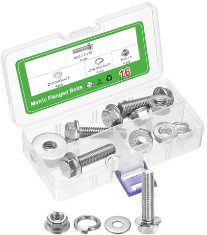 sourcing map 4pcs M10-1.5 x 40mm Metric Flange Hex Cap Bolt Fully Thread DIN 6921 Flanged Bolts Hexagon Screws 304 Stainless Steel Cleaning Treatment with Nuts Lock Washers and Flat Washers