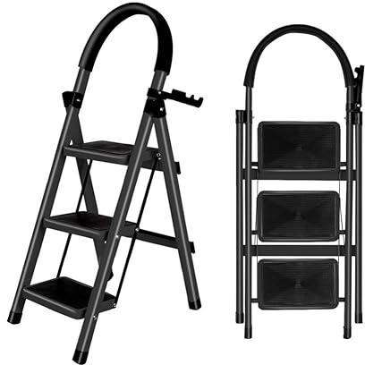 OHMG Escabeau en Acier 3 Marches Tabouret Marche Pied Pliant Echelle avec Pieds Anti Dérapant Max 150kg,Échelle Pliable avec Marches et Pieds Antidérapants,Charge 150 kg