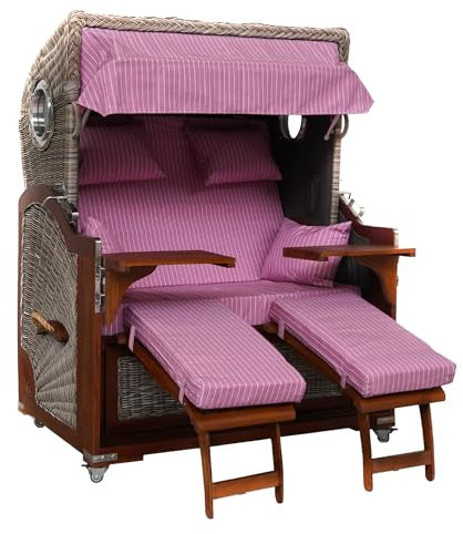Webavita Strandkorb Bali Mahagoniholz | 2,5-Sitzer | Montiert | Geflecht Grau | Bezug Rosa Nadelstreifen | Halblieger | Beach Chair für den Garten Terrasse Balkon