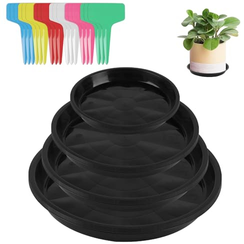 16 PcsPlant Pot Saucers, Plastic Plant Saucers for Pots, Round Plant Trays for Pots, pPlant Pot Trays Circular for Indoor Outdoor Garden Balcony Plants Flowers, with 24 Lables (12/16/18/22cm,Black)