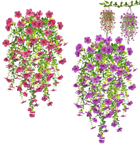 Xionghonglong 2 plantas artificiales de violeta, flores artificiales como auténticas, 76 cm, plantas artificiales colgantes como flores falsas reales, plantas de plástico artificiales para decoración