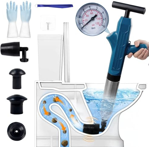 Kottwca Toilet Plunger, Blue High Pressure Toilet Toilet Unblocker, Plunger Toilet Unblocker Set with 4 Interchangeable Heads, Toilet Unblocker Tools for Unclogging Toilets, Drains, Sinks, Bathtubs