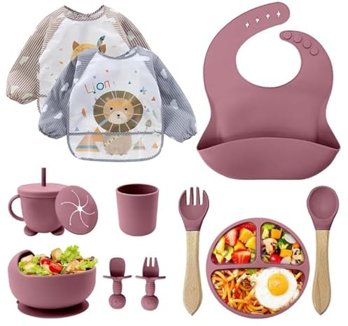 Babyporslinsset i silikon 12 delar – BPA-fri barntallrik med sugkopp, drickkopp med sugrör, silikonhaklapp, skål, träsked, babybestick – diskmaskins- och mikrovågsugnssäker