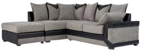 Grey Scatterback Settees - L Shaped Corner Settees - Elegant Leather & Cord Sofas - Comfy Black Grey Sofa With Footstool - Left Right Hand Facing Couch For Living Room Indoors (Left Hand sofa)