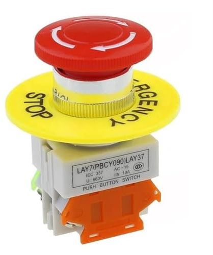 Interruptor pulsador de Parada de Emergencia DPST de 1 NC, CA 660 V, 10 A, Interruptor for Equipo de elevación, Enclavamiento, autobloqueo, Tipo Hongo Rojo.(1 Set)