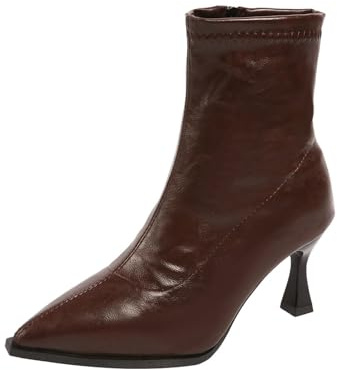 Generisch Botines de mujer Color sólido Tacón alto Botas cortas Dedo del pie botas finas tacón trasero tacón corto medio becerro botas, marrón, 39 EU