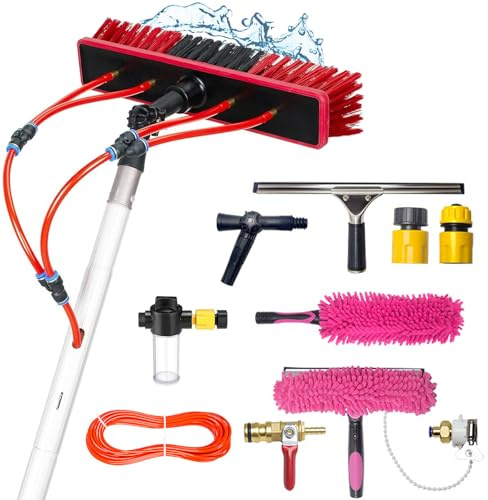 YFSMBD 5M Perche Télescopique de Nettoyage Panneaux Solaires, Brosse Telescopique Toiture avec Raclette, Plumeau, Tuyau 20m, Distributeur Savon Balai Telescopique pour Toit,Vitres - 55cm Brosse