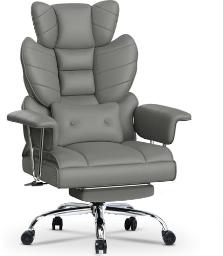Racingreat Comfy Executive Desk Office Chair with Footrest, Big Tall Adjustable Computer Leather PU Recliner, Home Ergonomic Office Cross Legged Chair, High Back Heavy Duty Gray Work Swivel Chair