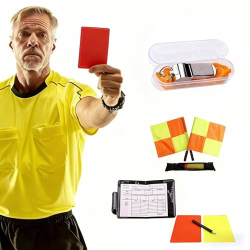 Kit per arbitro di calcio, set completo di bandiere per arbitro con bandiera a scacchi, carte rosse e gialle, fischietto in acciaio inossidabile, diario di bordo e borsa per riporre oggetti, perfetto