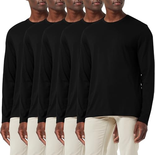 3-pack eller 5-pack bomullströja för män, lös passform, långärmad t-shirt, fukttransporterande, rundhalsad skjorta, komfort, ledig, baslayer-toppar, 5-pack: Svart, XXL